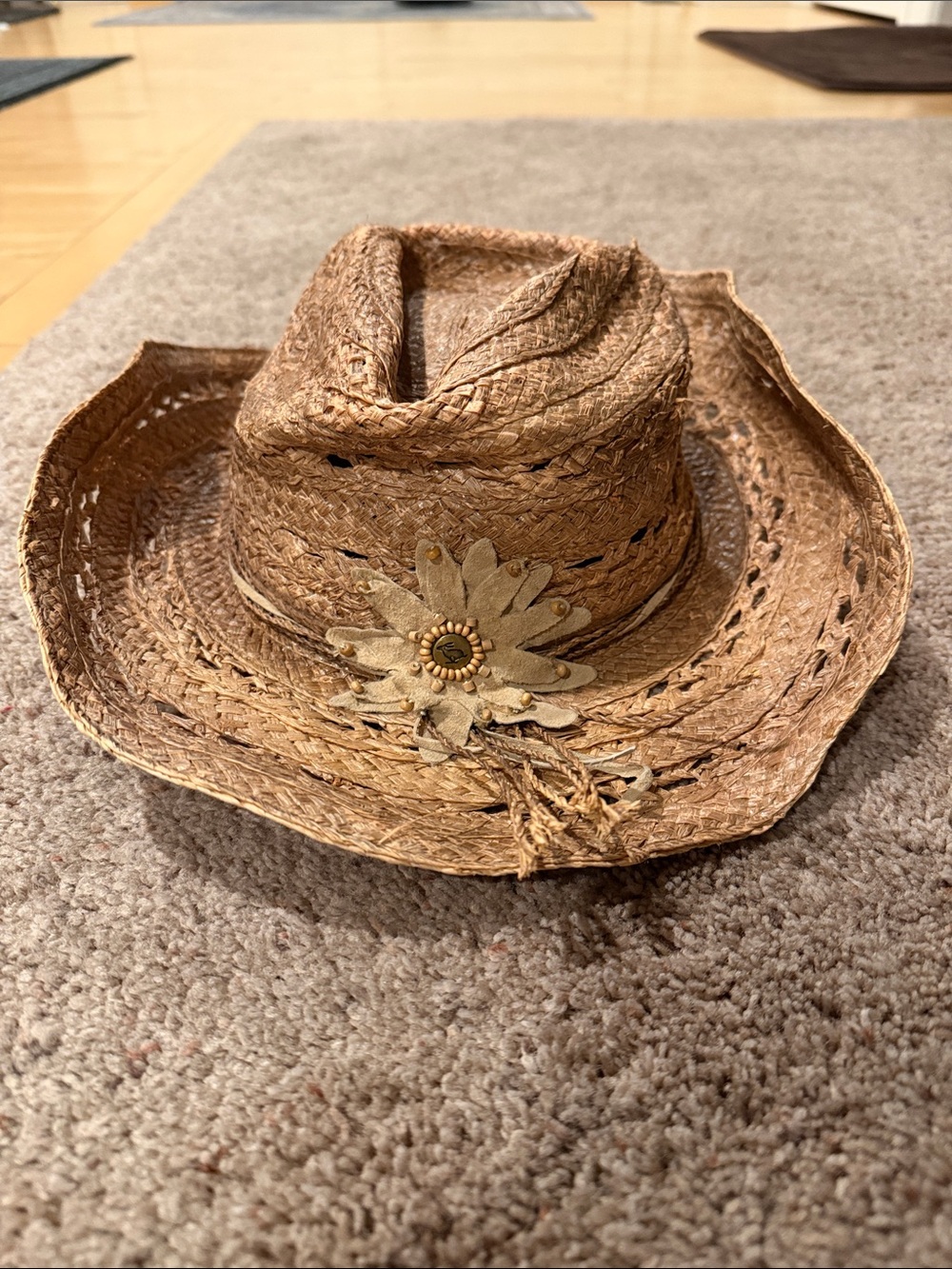 Peter Grimm Woven Straw Western Sun Hat with Floral Accent - Natural